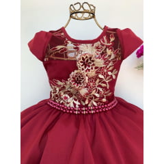 Vestido Infantil Marsala Renda Flor com Cinto de Pérola