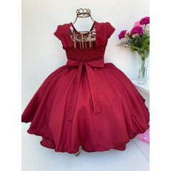 Vestido Infantil Marsala Renda Flor com Cinto de Pérola