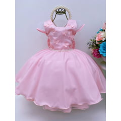 Vestido Infantil Rosa Aplique de Borboletas Pérolas Luxo
