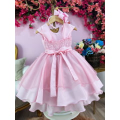Vestido Infantil Rosa Aplique Flores e Borboletas C/ Pérolas