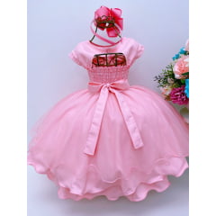 Vestido Infantil Rosa Bolinhas Tule Busto Cinto Pérolas