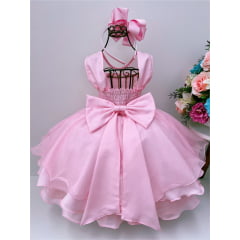 Vestido Infantil Rosa Brilho Cinto Pérolas Daminhas Luxo