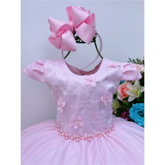 Vestido Infantil Rosa C/ Renda Aplique flores Pérolas Luxo