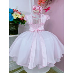 Vestido Infantil Rosa C/ Renda Damas e Aplique de Flores