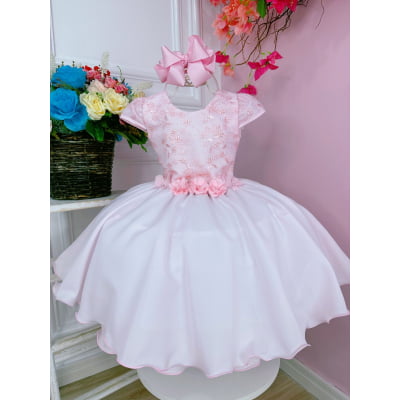 Vestido Infantil Rosa C/ Renda Damas e Aplique de Flores