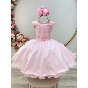 Vestido Infantil Rosa Claro Busto C/ Renda Daminhas