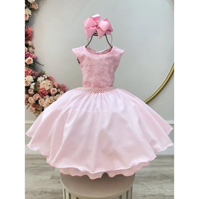 Vestido Infantil Rosa Claro Busto C/ Renda Daminhas