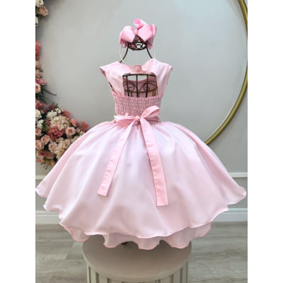 Vestido Infantil Rosa Claro Busto C/ Renda Daminhas