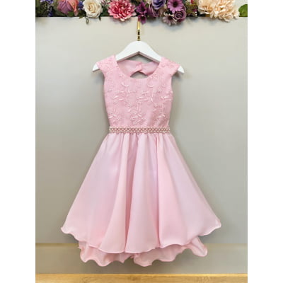 Vestido Infantil Rosa Claro Busto C/ Renda Daminhas