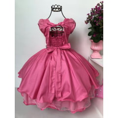 Vestido Infantil Rosa Chiclete Damas Luxo Renda Cinto Strass