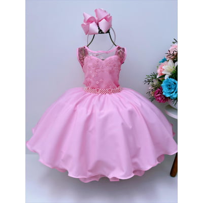 Vestido Infantil Rosa Chiclete Renda Cinto Pérolas