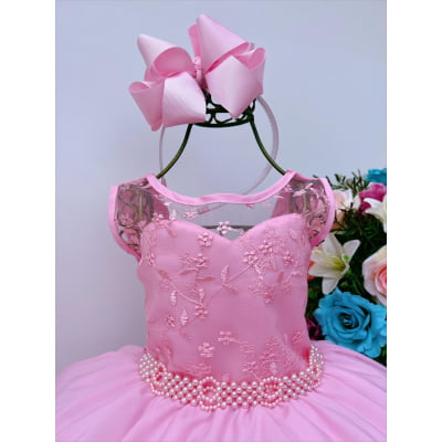 Vestido Infantil Rosa Chiclete Renda Cinto Pérolas