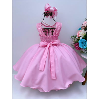 Vestido Infantil Rosa Chiclete Renda Cinto Pérolas