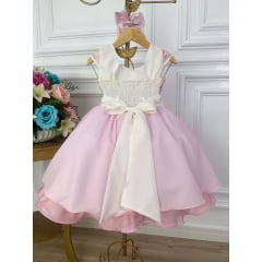 Vestido Infantil Rosa Com Renda e Cinto de Pérolas Damas