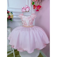 Vestido Infantil Rosa Com Renda e Cinto de Pérolas Damas