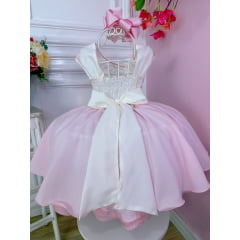 Vestido Infantil Rosa Com Renda e Cinto de Pérolas Damas