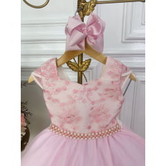 Vestido Infantil Rosa Com Renda e Cinto de Pérolas Damas