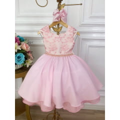 Vestido Infantil Rosa Com Renda e Cinto de Pérolas Damas