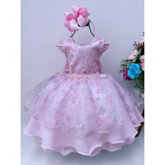 Vestido Infantil Rosa Floral Póa Luxo Floristas