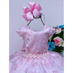 Vestido Infantil Rosa Floral Póa Luxo Floristas