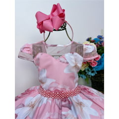 Vestido Infantil Rosa Florido C/ Cinto de Pérolas Luxo