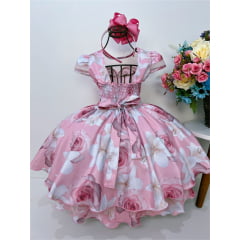 Vestido Infantil Rosa Florido C/ Cinto de Pérolas Luxo