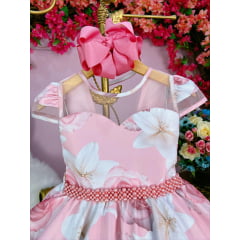 Vestido Infantil Rosa Florido C/ Cinto de Pérolas Luxo
