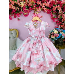 Vestido Infantil Rosa Florido C/ Cinto de Pérolas Luxo