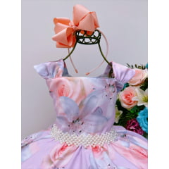 Vestido Infantil Rosa Florido Com Cinto de Pérolas Luxo