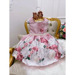 Vestido Infantil Rosa Luxo Damas Cinto Pérolas Strass