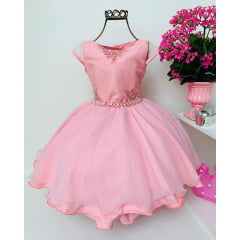 Vestido Infantil Rosa Luxo Damas Renda Cinto Pérolas Strass