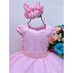 Vestido Infantil Rosa Luxo Tule Cinto Pérolas Festas