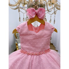 Vestido Infantil Rosa Luxo Tule Cinto Pérolas Festas