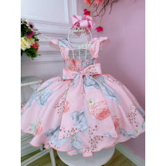 Vestido Infantil Rosa Peito Nervura Florido C/ Pérolas Luxo