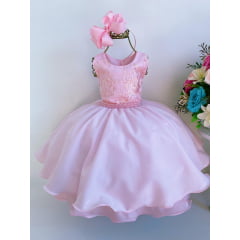 Vestido Infantil Rosa Renda Cinto de Pérolas Luxo Princesas