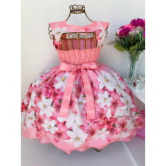 Vestido Infantil Rosa Saia Floral Luxo Princesas Festas
