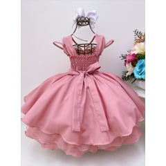 Vestido Infantil Rosé C/ Renda e Cinto Pérolas Strass Luxo