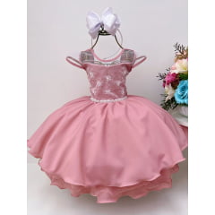 Vestido Infantil Rosé C/ Renda e Cinto Pérolas Strass Luxo