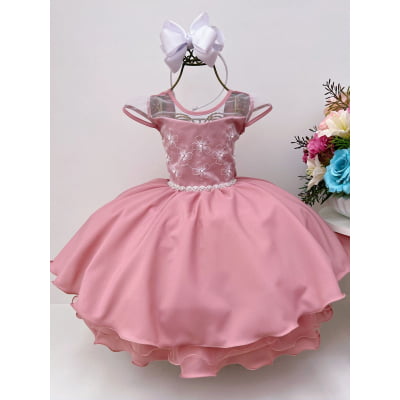 Vestido Infantil Rosé C/ Renda e Cinto Pérolas Strass Luxo Vestido Infantil Rosé C/ Renda e Cinto Pérolas Strass Luxo