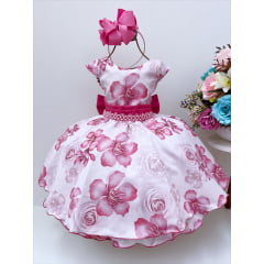 Vestido Infantil Rosé Floral Luxo Floristas Cinto Pérolas