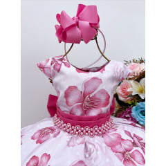 Vestido Infantil Rosé Floral Luxo Floristas Cinto Pérolas