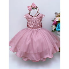 Vestido Infantil Rosé Luxo Tule Cinto Pérolas Festas