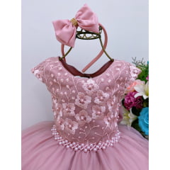Vestido Infantil Rosé Luxo Tule Cinto Pérolas Festas