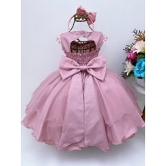 Vestido Infantil Rosê Rendado Cinto de Pérolas