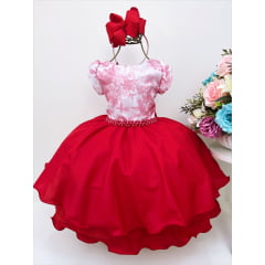Vestido Infantil Saia Vermelho Peito Floral Cinto Pérolas