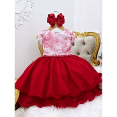 Vestido Infantil Saia Vermelho Peito Floral Cinto Pérolas