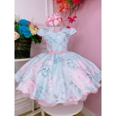 Vestido Infantil Verde Peito Nervura Florido e Pérolas Damas