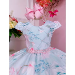 Vestido Infantil Verde Peito Nervura Florido e Pérolas Damas