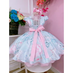 Vestido Infantil Verde Peito Nervura Florido e Pérolas Damas