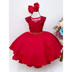 Vestido Infantil Vermelho C/ Cinto de Pérolas